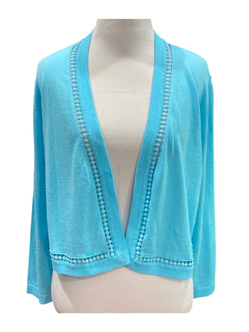 Talbots Open Front Lace Knit Cardigan L Blue Cotton Minimalist Layers Soft Girl
